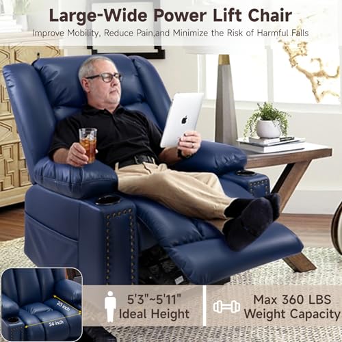 Large Power Lift Chairs Recliners for Elderly with Heated and Massage, Overstuffed Adjustable Lift Chairs, 3 Positions, Breathable Leather, USB-A and USB-C, Cup Holder, Side Pocket Dark Brown