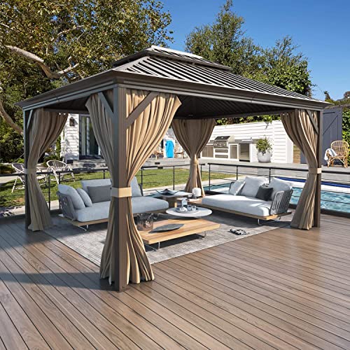 YOLENY 10' x 12' Hardtop Gazebo, Wood-Looking Gazebo with Galvanized Steel Double Roof, Aluminum Frame, Permanent Metal Pavilion with Netting and Curtains for Deck, Backyard, Patio and Lawns