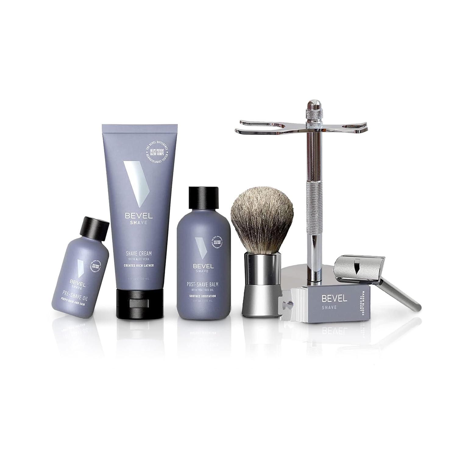 Shaving Kit for Men by Bevel - Starter Shave Kit, Includes Safety Razor, Shaving Brush, Shave Creams, Oil, Balm and 20 Blades. Clinically Tested to Help Prevent Razor Bumps