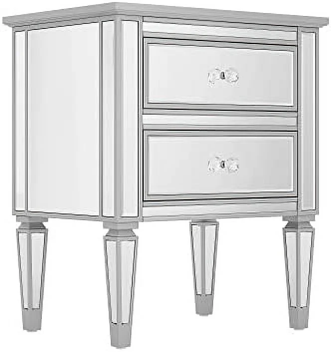 Mirrored Nightstand with 2 Drawers  Accent Side Table with Crystal Knobs  Modern End Table  Silver Finished Nightstand for Bedroom  Living Room