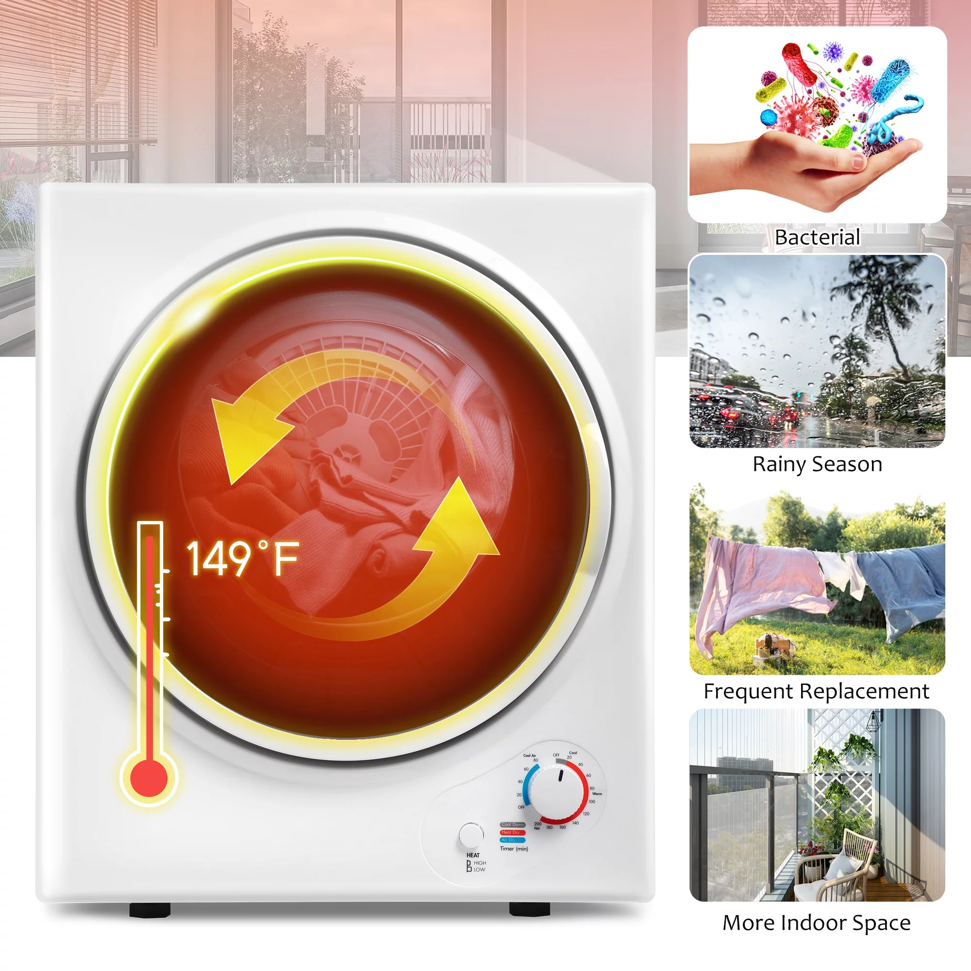 iRerts Compact Laundry Dryer, 850W Portable Clothes Dryer with 5 Drying Modes, Stainless Steel Tub and Wall Mount Kit, Front Load Electric Clothes Dryer Machine for Apartments, Dormitory, RVs, White
