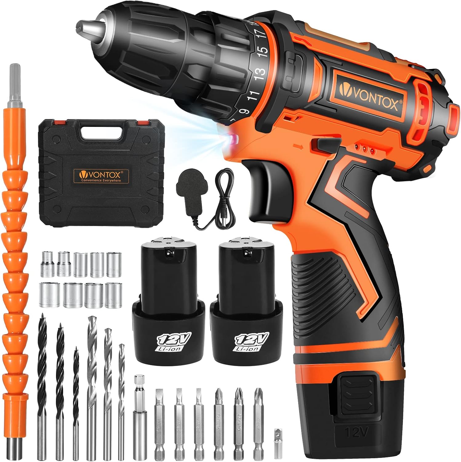 Drill Set, V VONTOX 20V Cordless Drill with 2 Batteries 2000mAh and Fast Charger, Home Power Drill 3/8" Keyless Chuck, 2 Variable Speed, 370 In-lb Torque, 24pcs Drill/Driver Bits Pack of 2