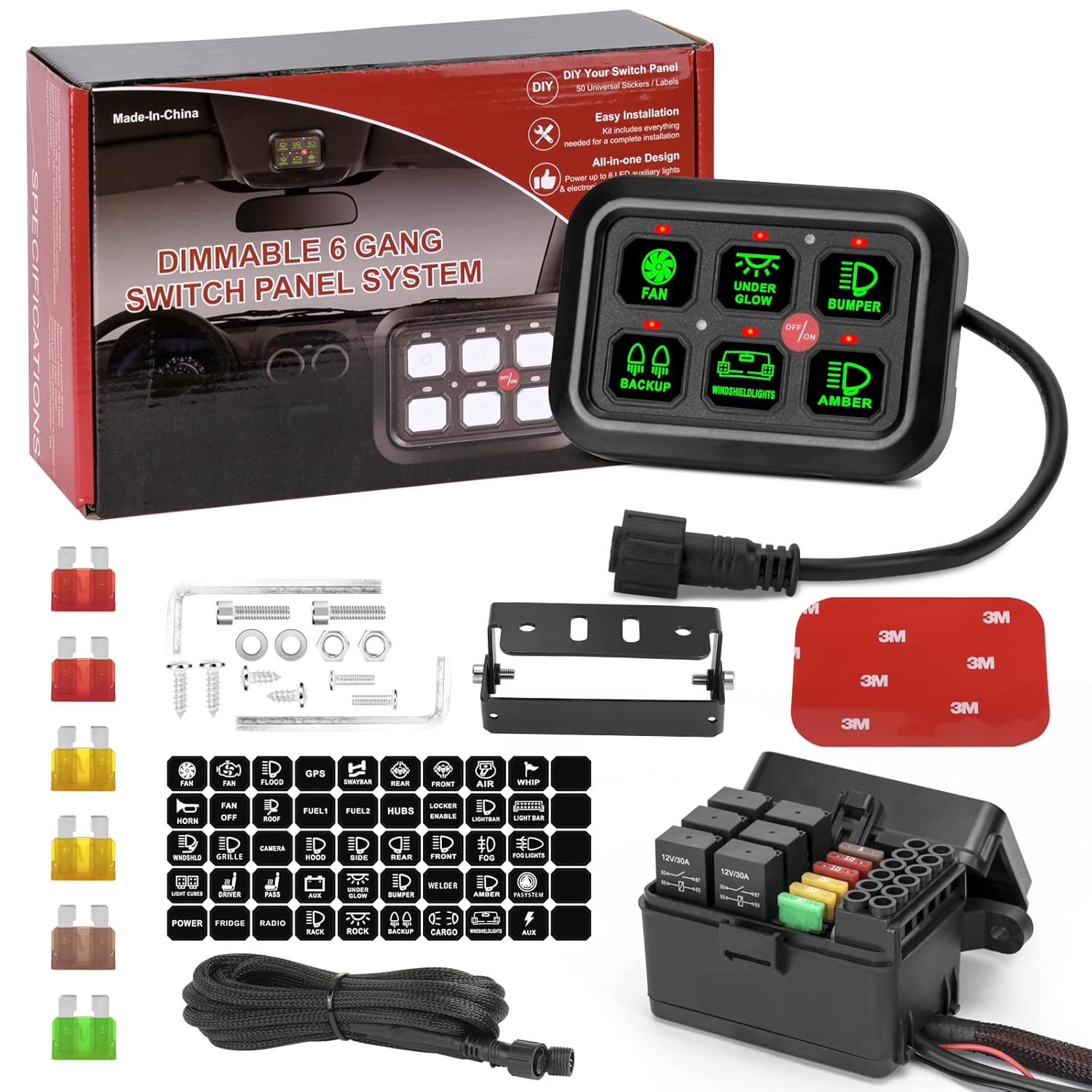 ANGU-OFFROAD 6 Gang Switch Panel, 12V Pod Electronic Fuse System Electronic Fuse System Circuit Control Box with Harness Label Sticker Circuit Control Box Pod for Car Truck Boat ATV UTV Offroad