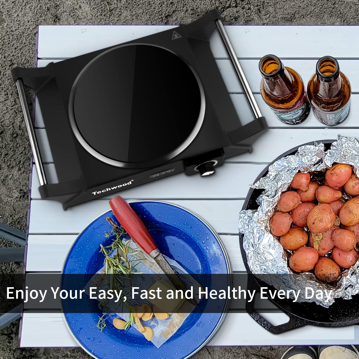 Hot Plate, Techwood Portable Electric Stove for cooking, 1200W Countertop Infrared Single Burner with Handles & 7.5&rdquo; Glass Cooktop for RV/Home/Camp, Compatible for All Cookwares Upgraded Version