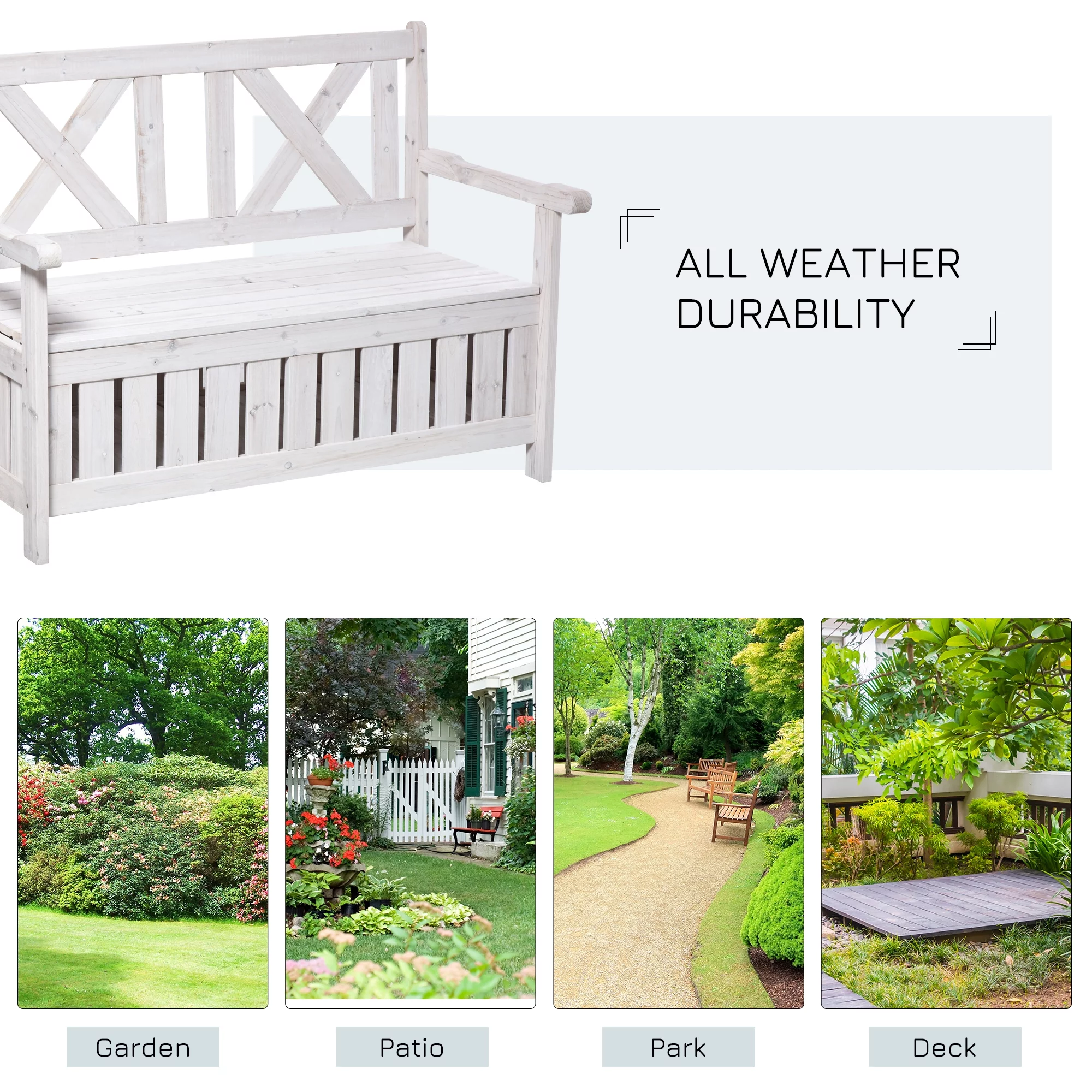 Outsunny Patio Wooden Bench with Storage Box, 29 Gallon Outdoor Storage Bench, Large Entryway Deck Box w/ Unique X-Shape Back, for Deck, Porch & Balcony, White
