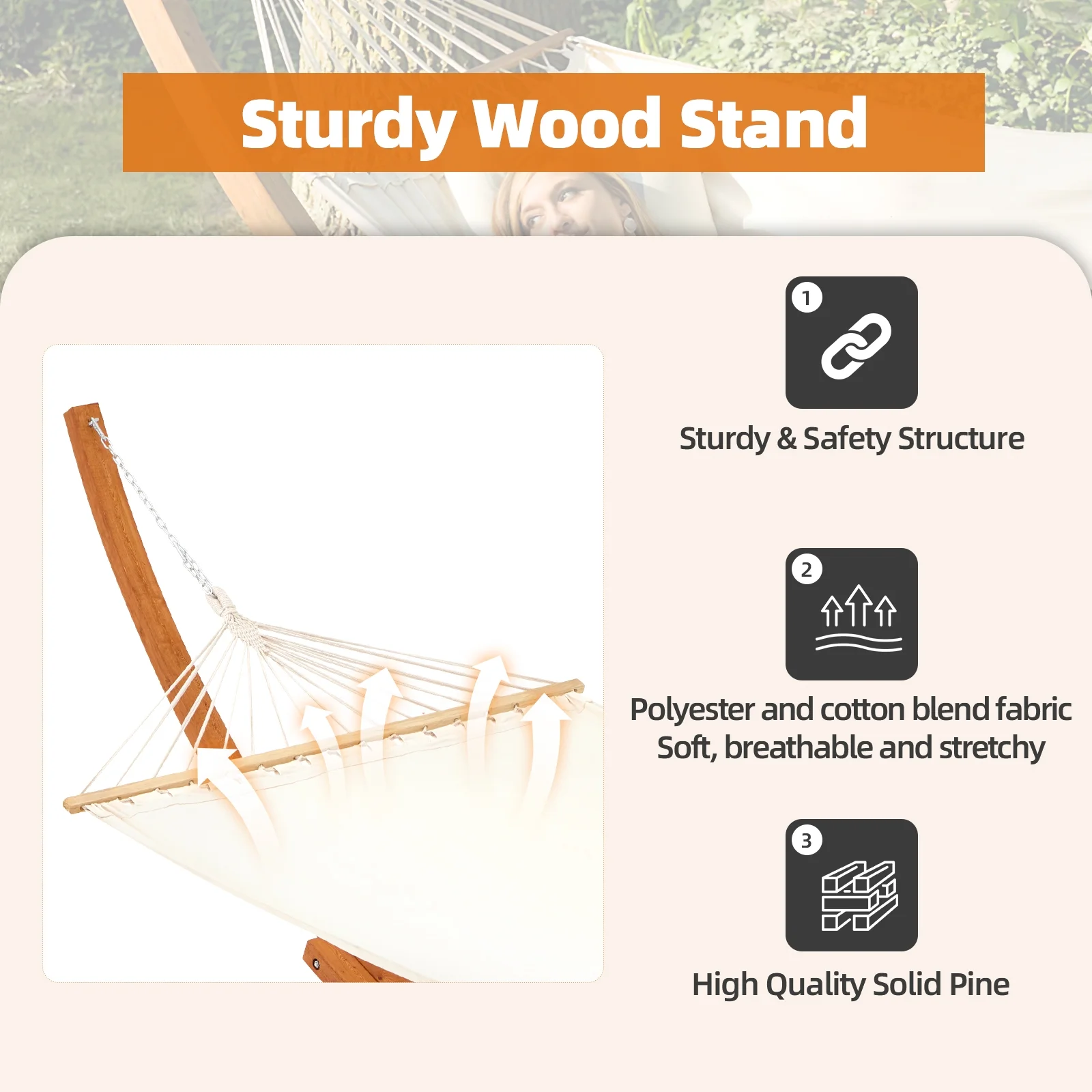 AVAWING 14FT Wooden Double Hammock with Stand 2 Person Heavy Duty, Easy Assemble, Weatherproof Premium Quilted Camping Hammock for Outdoor, Patio(White)