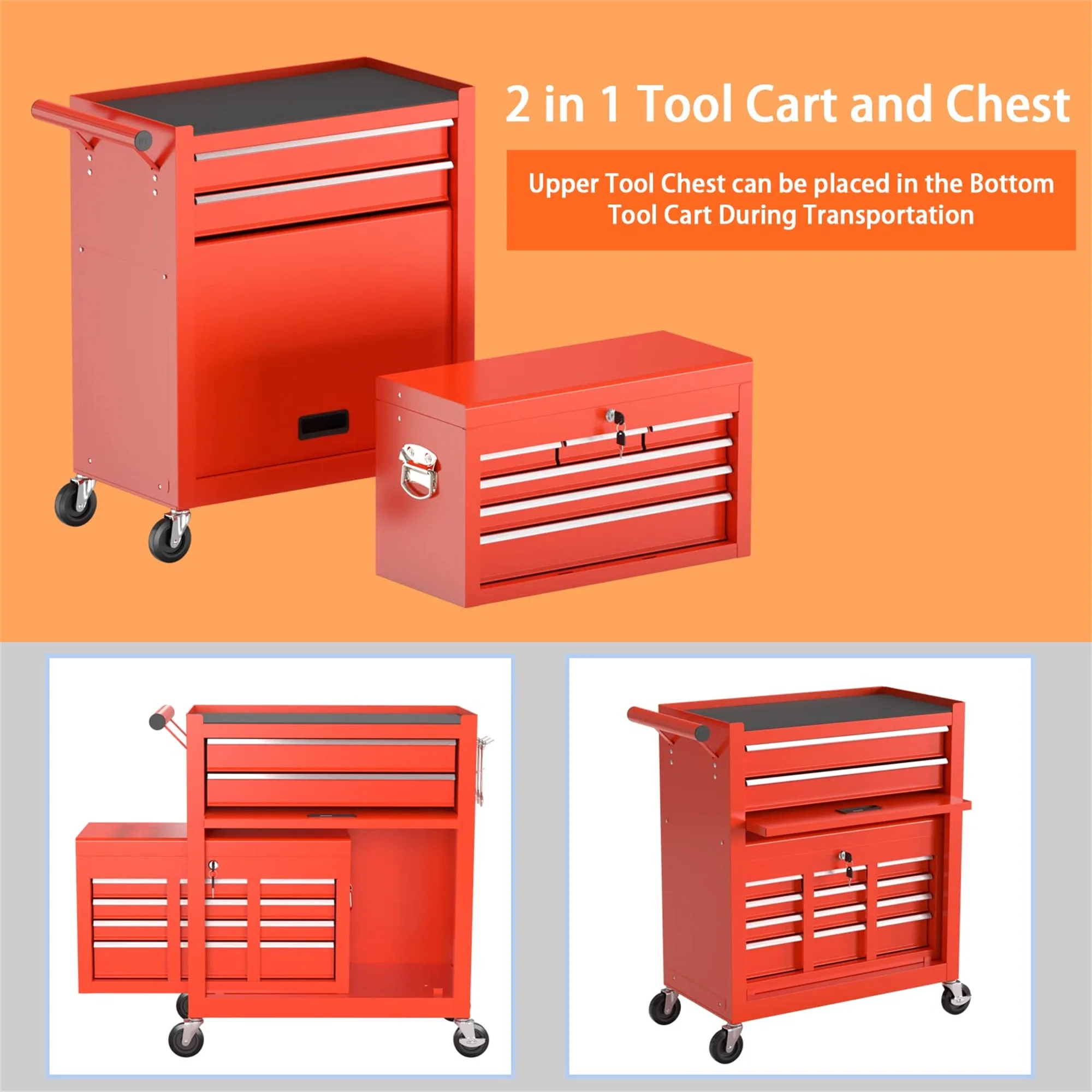 Aukfa Tool Chest, 2 in 1 Steel Rolling Tool Box & Cabinet On Wheels for Garage, 8-Drawer, Blue