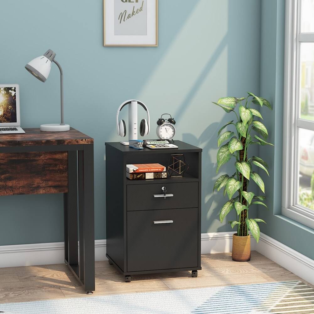 2 Drawer Mobile File Cabinet with Lock, Filing Cabinet Printer Stand for Letter Size - Black