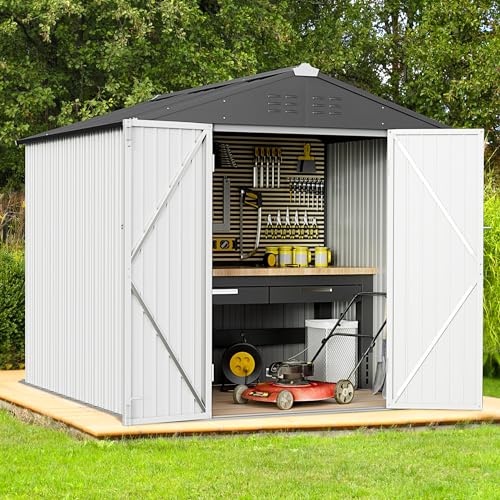 Greesum Outdoor Storage Shed 6 x 8 ft. Utility Tool Shed Metal Storage Garden Shed with Door & Lock for Patio Storage, Brown