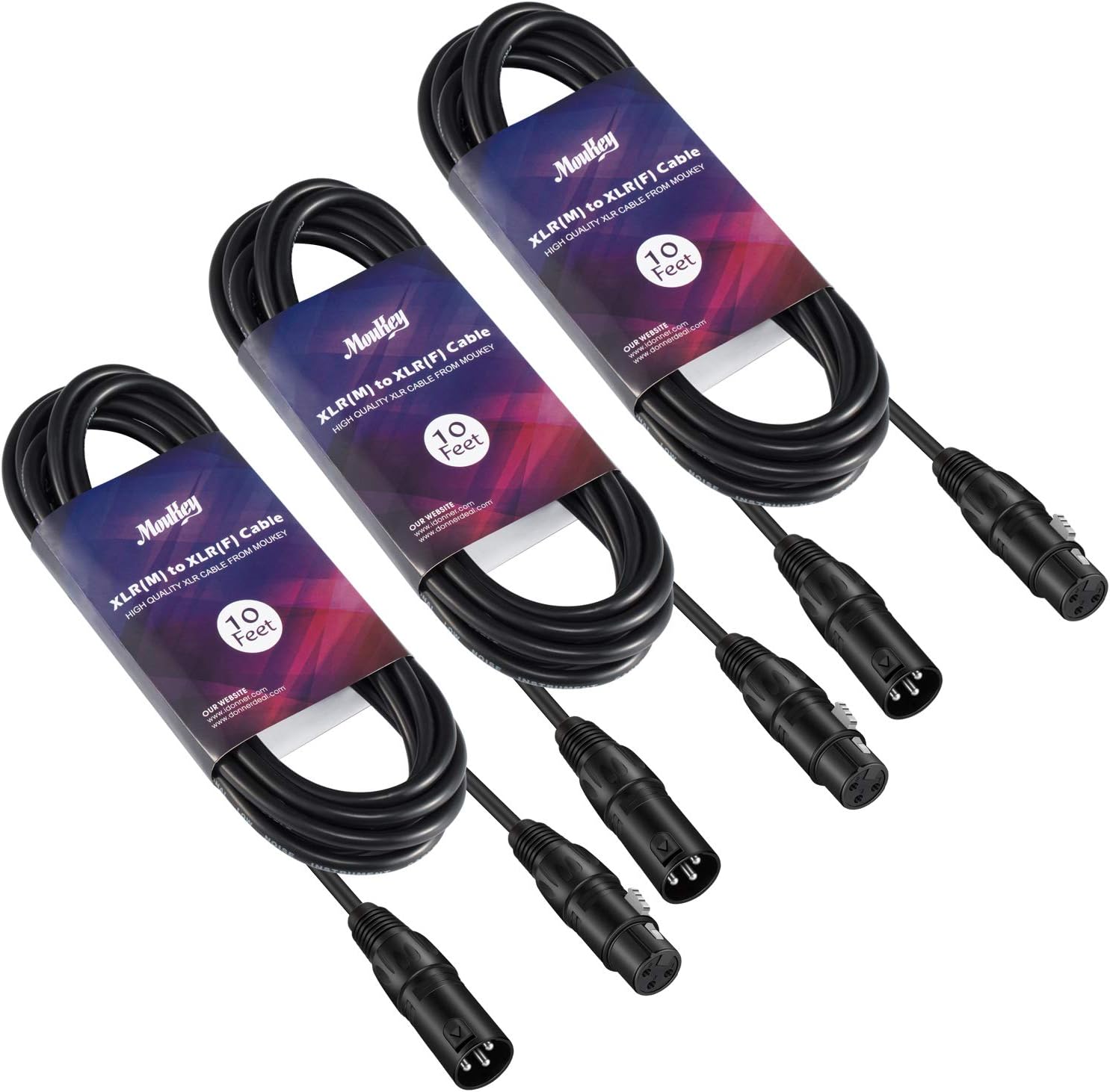 Moukey, 50ft XLR 50 Feet Microphone Male to Female Mic Cables Cord, Black 3-Pack