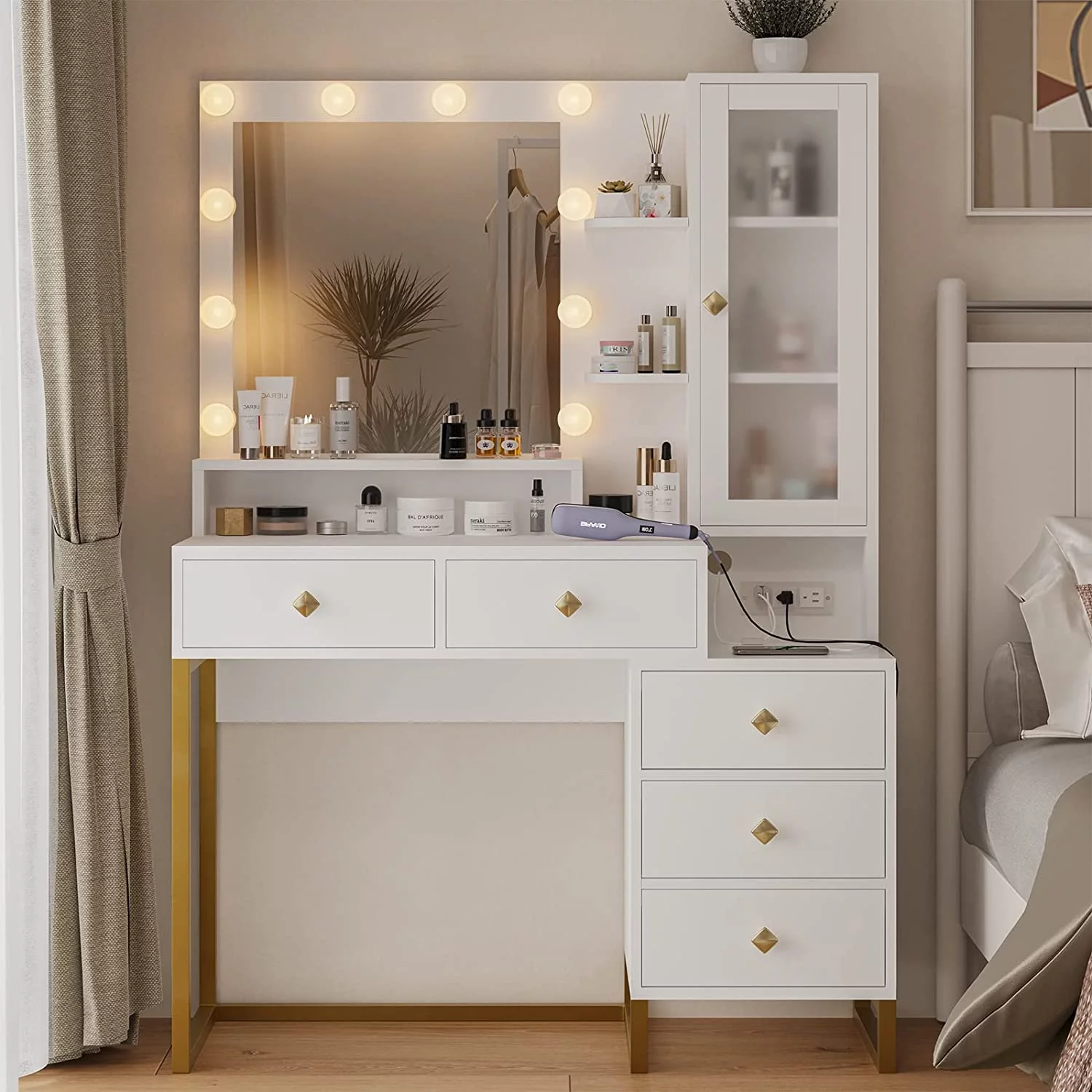 Makeup Vanity with Lights, Vanity Table with Charging Station，Mirror,Makeup Table with with 5 Drawers and Storage Shelves, White