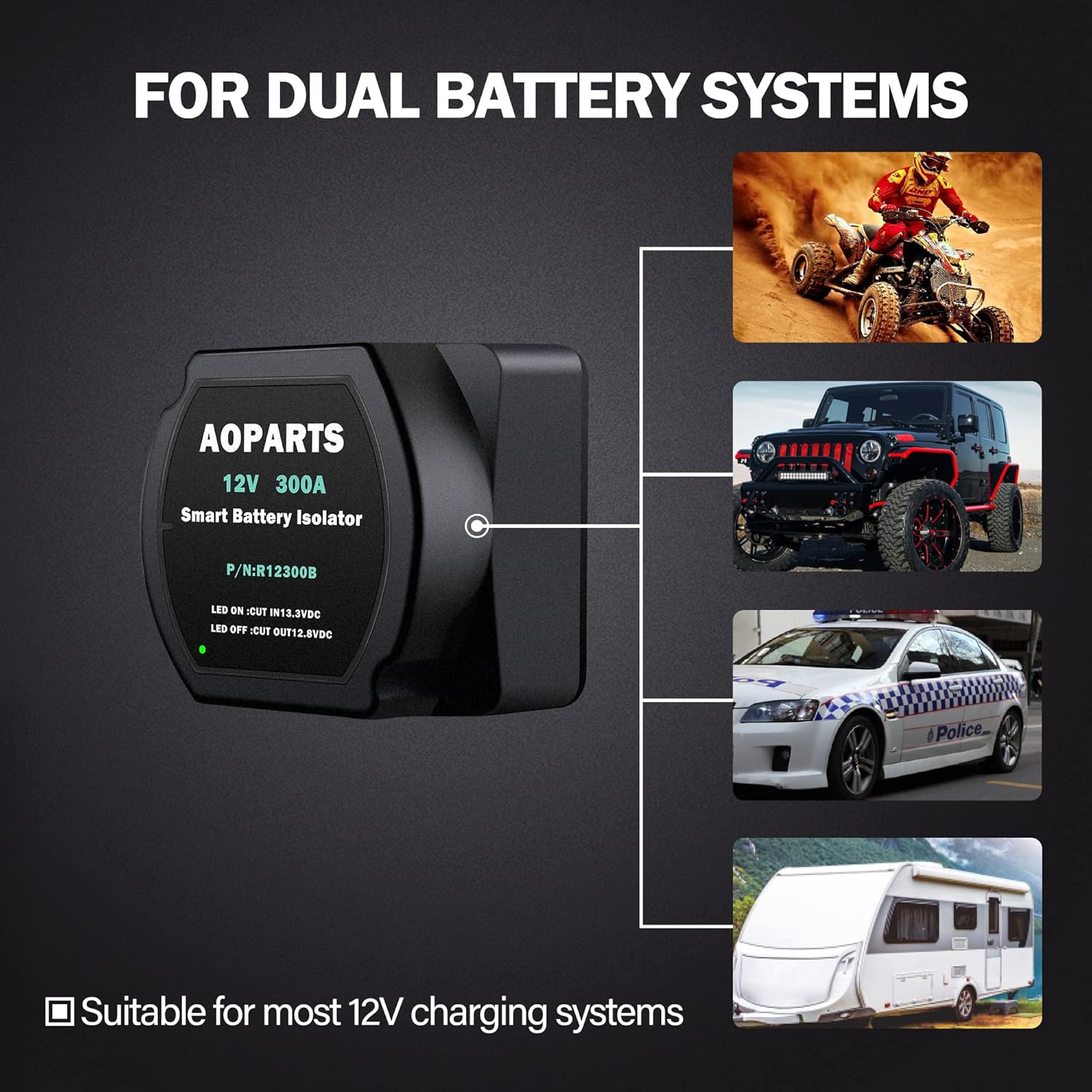 Smart Dual Battery Isolator,12V 300Amp Voltage Sensitive Relay, 5 Year Warranty Battery Isolator Fits ATV UTV 4WD RZR RV Car Watercraft Marine Boat Truck Caravan Camping (R12300B)