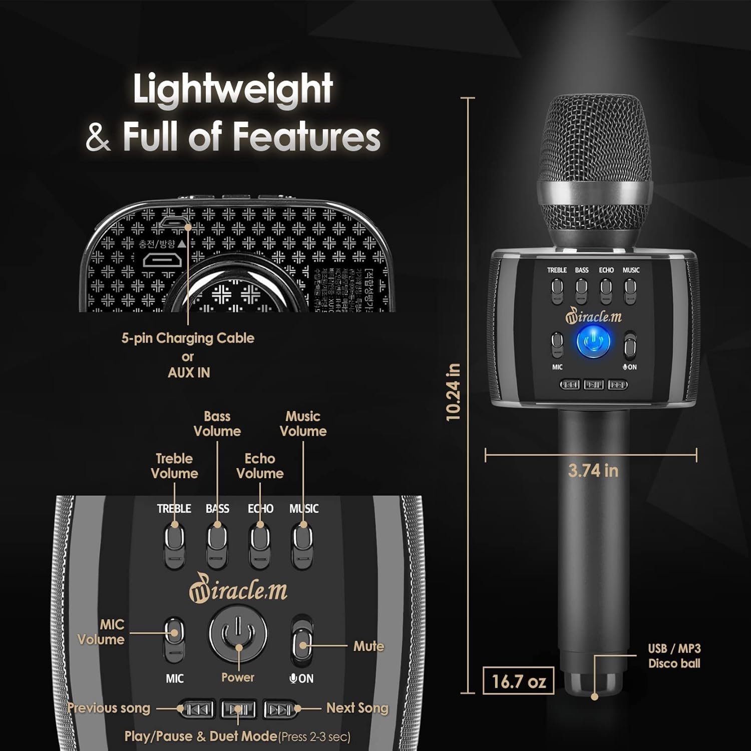 M75 - Bluetooth Karaoke Microphone - Bluetooth Microphone Wireless - Wireless Microphone Karaoke - Microphone for Kids and Adults - Carpool car Karaoke Microphone with Speaker - Karaoke mic