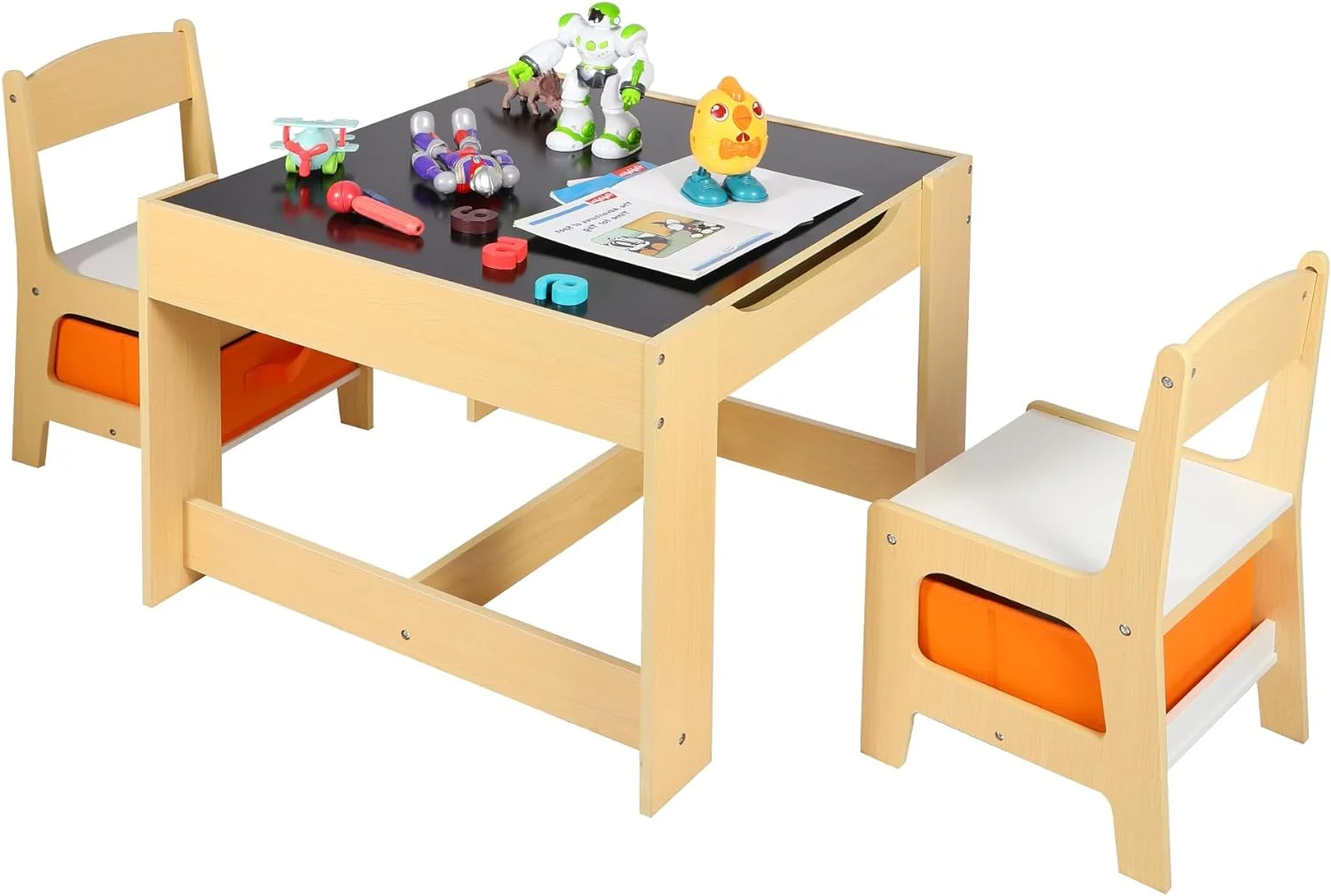 REDCAMP Kids Table and Chair Set, Wooden Activity Table with 2 Chairs,Storage Drawers,Activity Art Table for Toddler Drawing, Reading, Crafts, Play,（Natural）