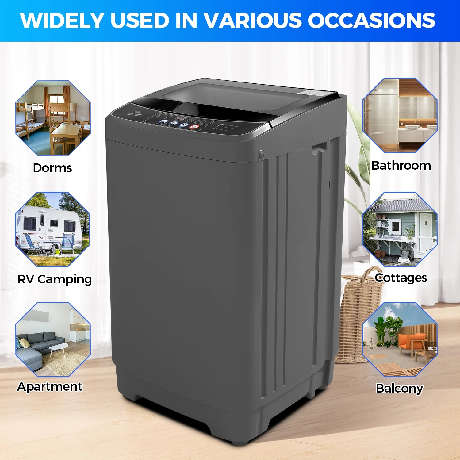 Qhomic 17.8lb Full Automatic Washing Machine, Compact Wahing Machine with Drain Pump, Power Motor 20-Mins Quick Wash, LED Display, Washer and Dryer Combo Low Noise for Apartment Dorm RV Household