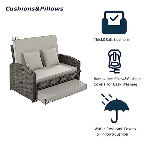 Merax Patio Conversation Set, Outdoor Double Sunbed Wicker Rattan Patio Reclining Chairs with Adjustable Backrest and Seat, Gray