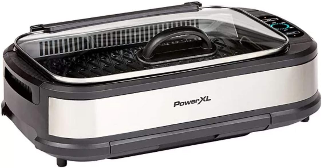 PowerXL Smokeless Grill Family Size- with Tempered Glass Lid with Interchangeable Grill and Griddle Plate and Turbo Speed Smoke Extractor Technology 22.1” X13.2” X 6.1