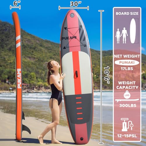 PUKAMI Inflatable Paddle Board for Adults,10.6' Stand Up Paddle Board with Premium SUP Accessories & Carry Bag,Paddle,Pump,Leash,Wide Stable Design,Non-Slip Deck,Surf Control for Youth