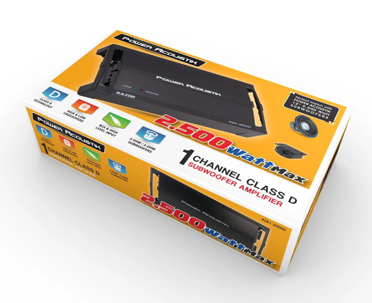 Power Acoustik RZR1-2500D Amplifier, Razor Series Subwoofer 1-Channel Amplifier, 2 Ohm Stable 2,500 Watt Max