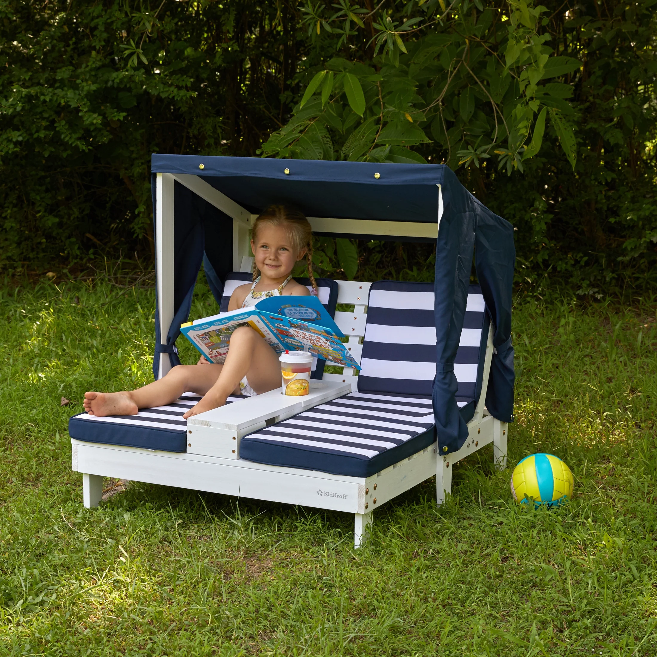 KidKraft Wooden Outdoor Double Chaise Lounge with Cup Holders, White with Navy and White Stripes