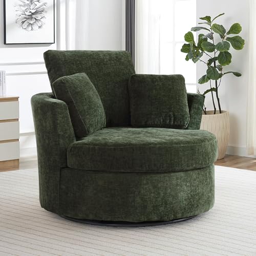 Chair and A Half with Ottoman, 360° Swivel Accent Barrel Chair Modern Comfy Round Reading Sofa Swivel Chairs Circle Lounge Chair for Bedroom Living Room w/4 Pillow Lower Seating Heigh (White, Large)