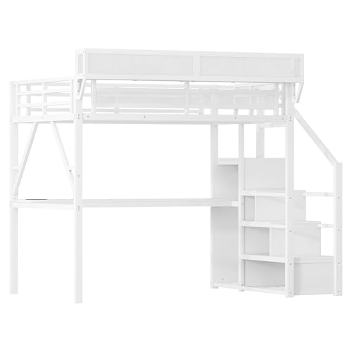 Full Size Loft Bed with Stairs and Storage, Metal Loft Bed Frame with Bedside Shelf and Large Under-Bed Space, Heavy-Duty Bed for Adults Teens and Kids, Black