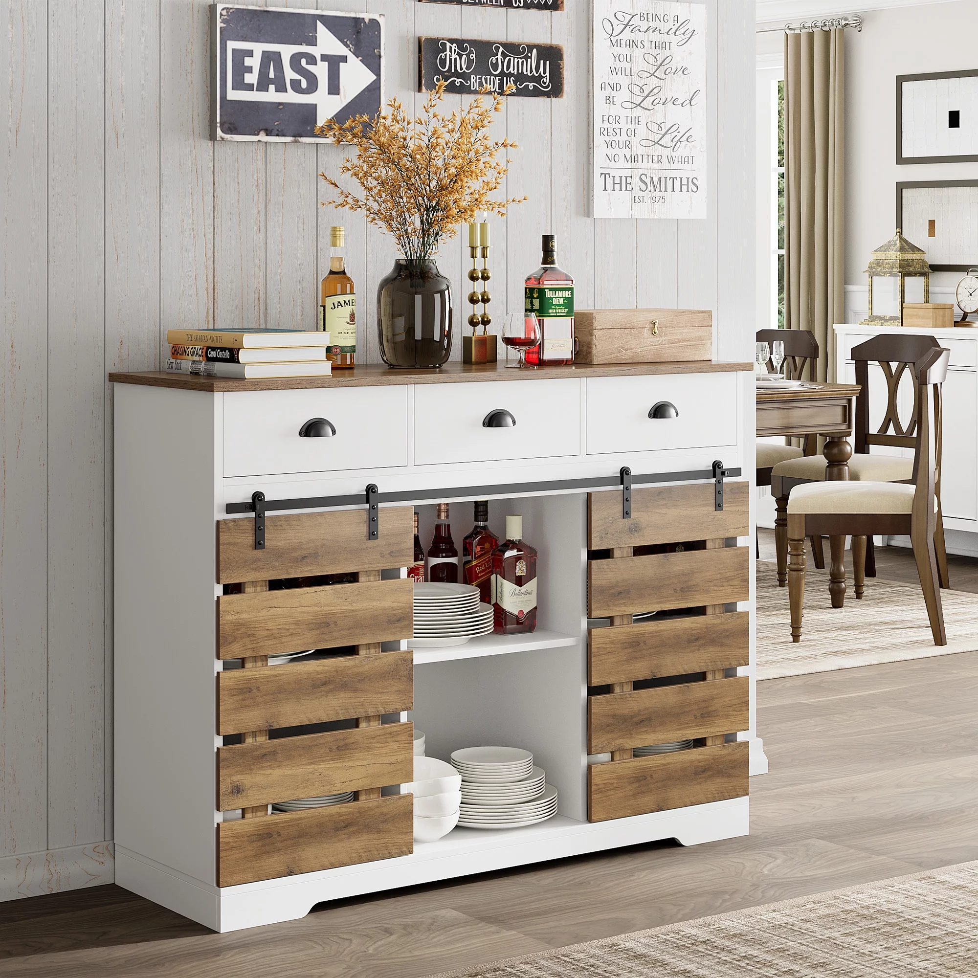 Homfa 47.2‘’ Kitchen Buffet Cabinet, 3 Drawers Farmhouse Coffee Bar Sideboard with 2 Sliding Barn Doors, White