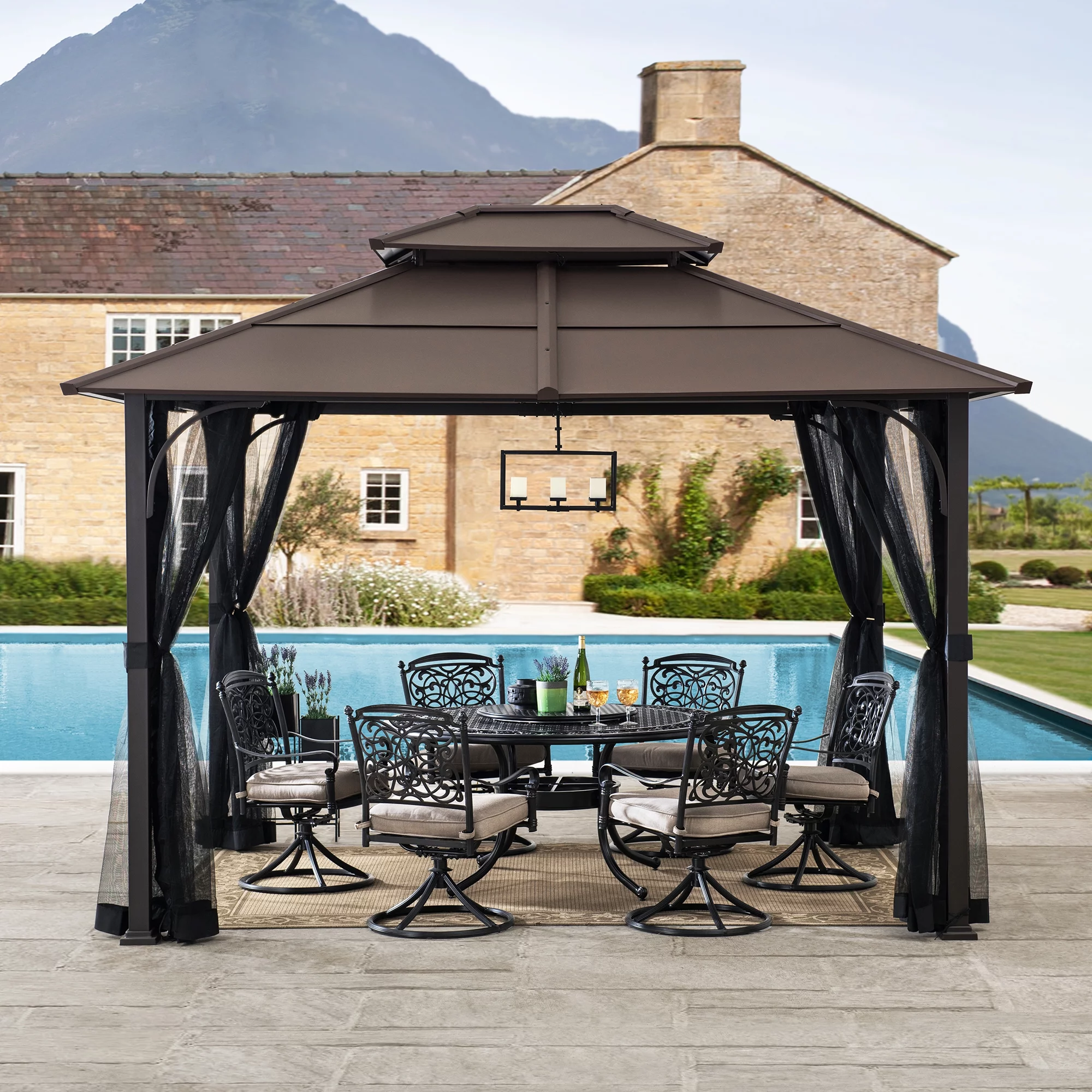 Sunjoy Lindsay Outdoor Patio 10x12 ft. Brown Steel Frame 2-Tier Hardtop Roof Gazebo with Ceiling hook and Netting