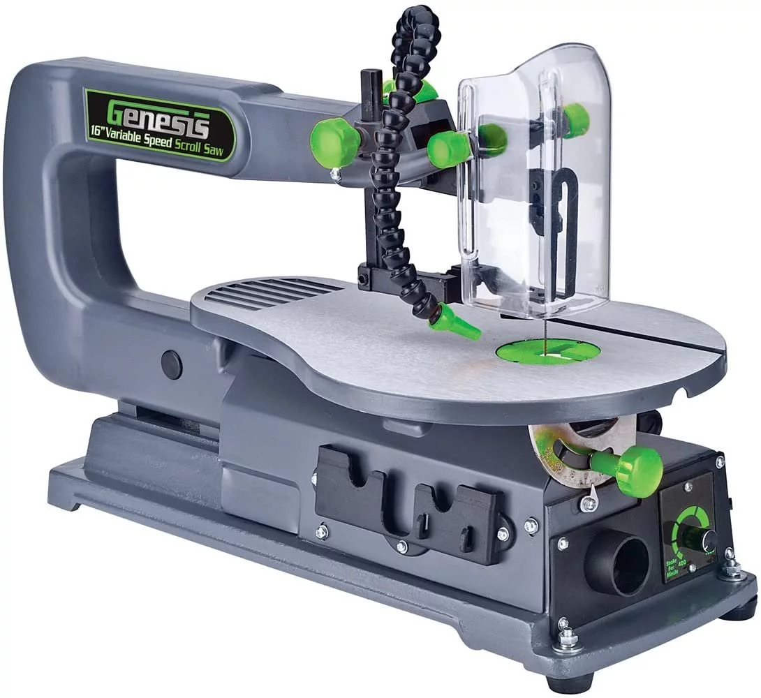 Genesis GSS160 1.2 Amp 16" Variable Speed Scroll Saw with Quick-Change System, Dust Blower, and Die-Cast Table for Left/Right Tilting - Curated Treasures Market