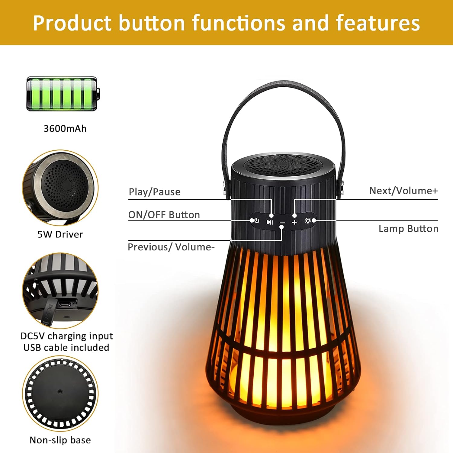 LED Flame Speaker, Tesoorda Portable Waterproof Bluetooth Wireless Speaker for Indoor/Outdoor, LED Flame Effect Speaker with Stereo Sound, Led Table Lanterns/Lamp for Patio,Garden,Camping (1 Pack)