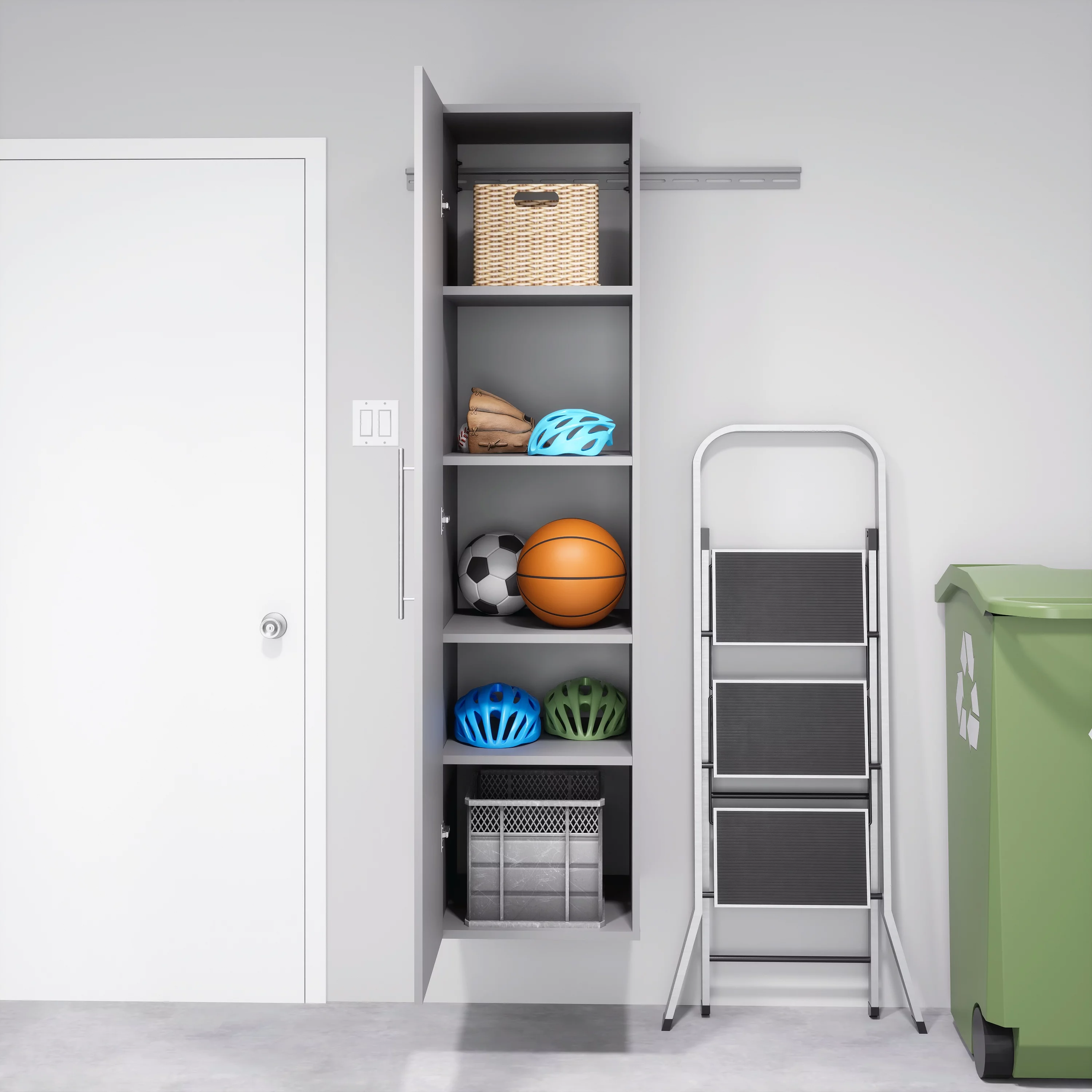 Prepac HangUps Narrow Wall Mounted Garage Storage Cabinet, 18" W x 72" H x 20" D, Light Gray