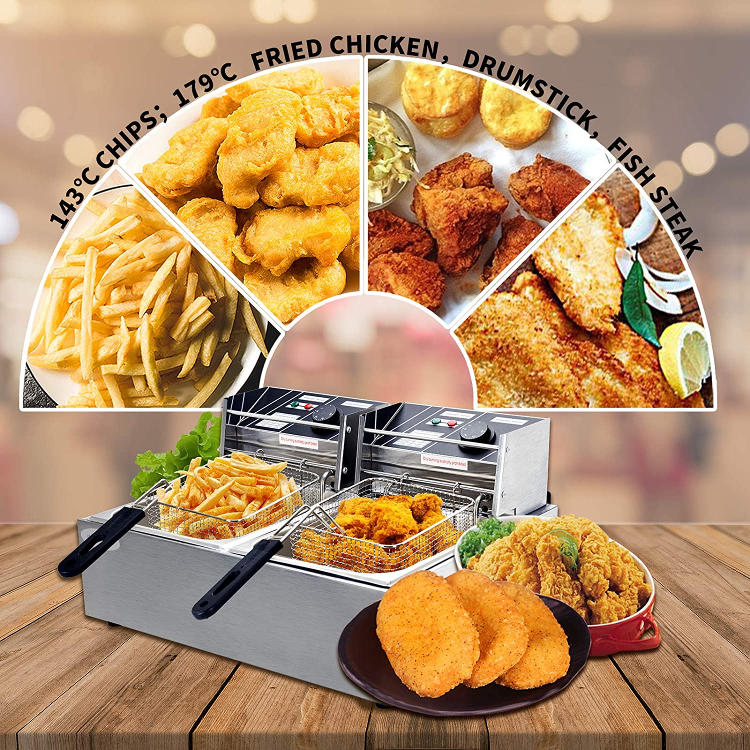 SUNCOO 16Liter Large Electric Fryer Deep Fryer Commercial French Fryer Countertop with Removable Baskets Stainless Steel Restaurant Home Kitchen 2 Baskets Double Tank 3600W