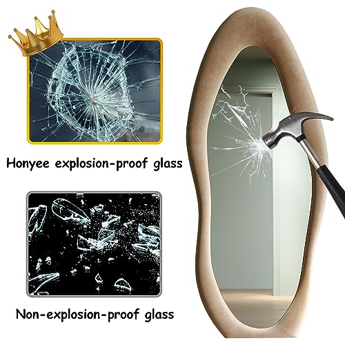 Honyee Full Length Mirror, 63" x 24" Wall Mirror, Flannel Wrapped Wooden Frame Floor Mirror, Irregular Wavy Mirror Hanging or Leaning Against Wall for Cloakroom/Bedroom/Living Room, Milk Tea