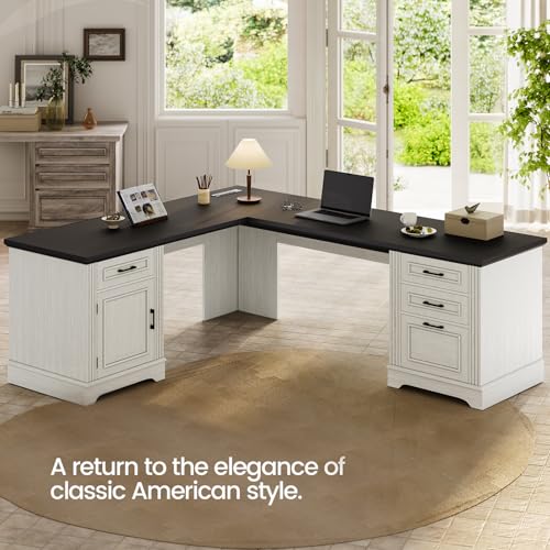 Itaar Farmhouse Executive L Shaped Desk, Home Office Desk with File Drawer and Power Outlet, Computer Corner Desk with Drawers and Storage Cabinet, Workstation for Office Home, White