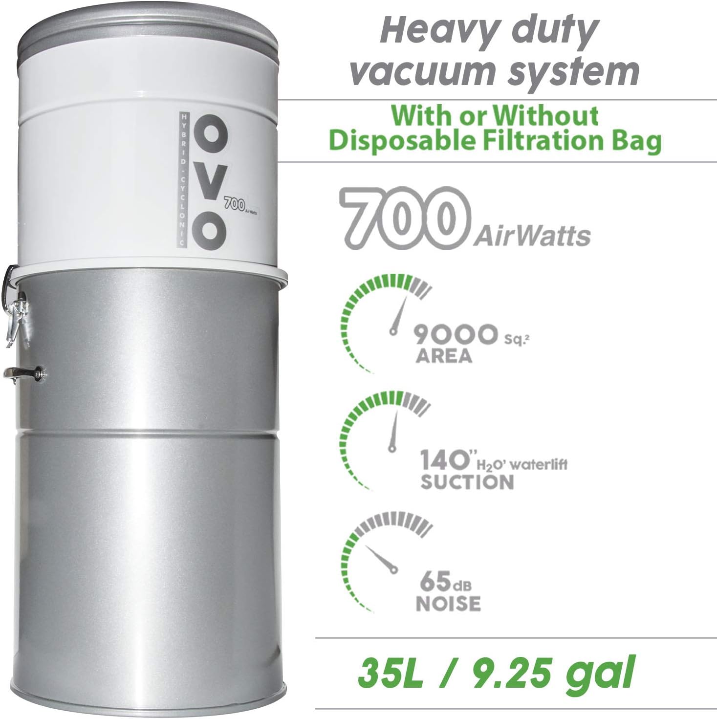 OVO Unit Heavy Duty Powerful Central Vacuum System, Hybrid Filtration (with or Without Disposable Bags) 35L or 9.25Gal, 700 Air watts with 40 ft Carpet Deluxe Accessory Kit, Silver