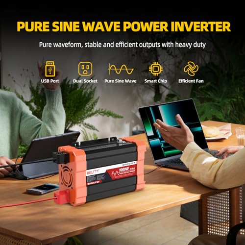 BELTTT 2000W Pure Sine Wave Inverter, Car Power Inverter 12V to 120V AC Converter for RV, Truck, Solar, Outdoor with Dual AC and 20A Socket, 5V 2.1A USB, Surge 4000W, Hardwire Port, Remote Controller