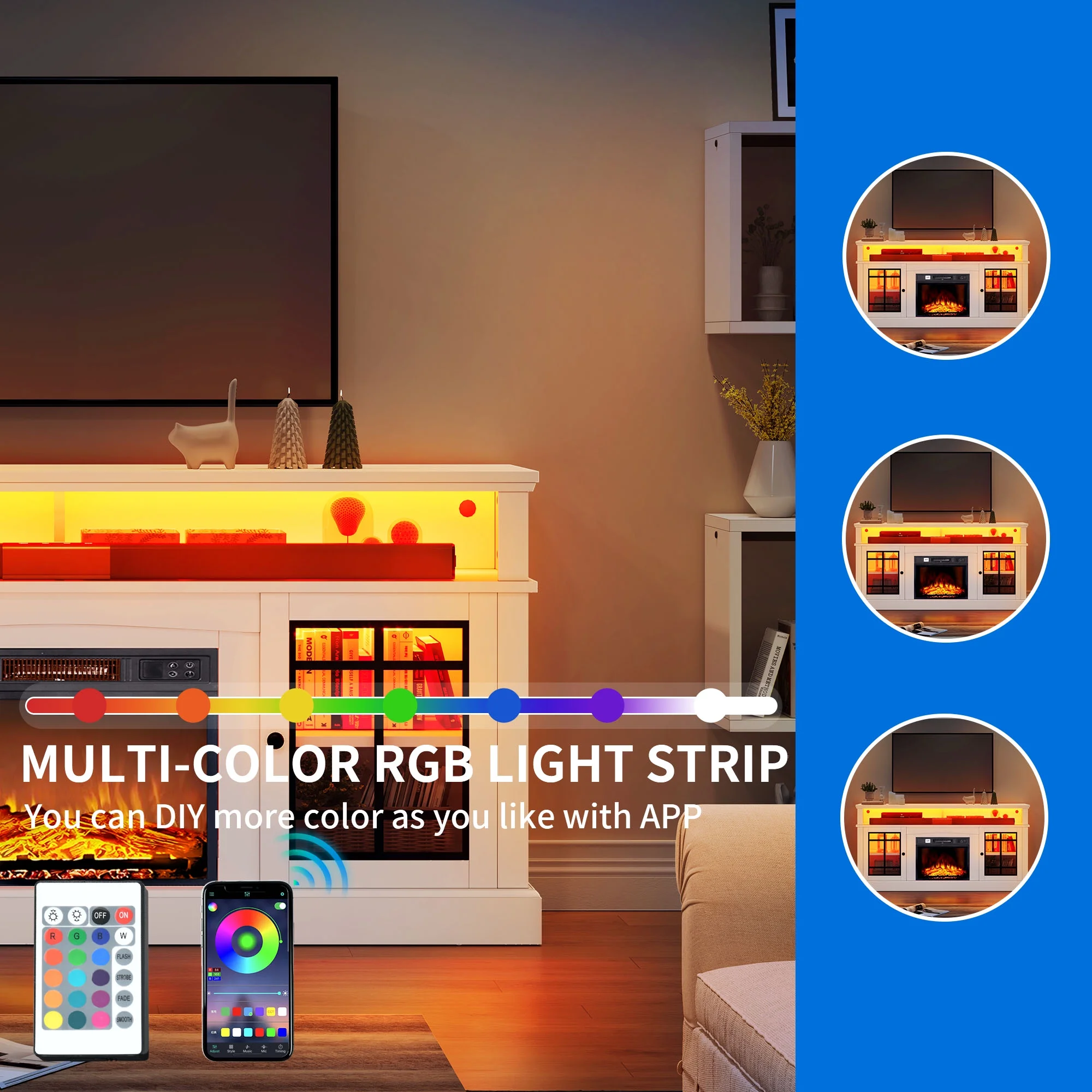 Dextrus LED Fireplace TV Stand for TVs up to 70" w/ Acrylic Glass Door, Farmhouse Highboy Entertainment Center with Electric Fireplace, White