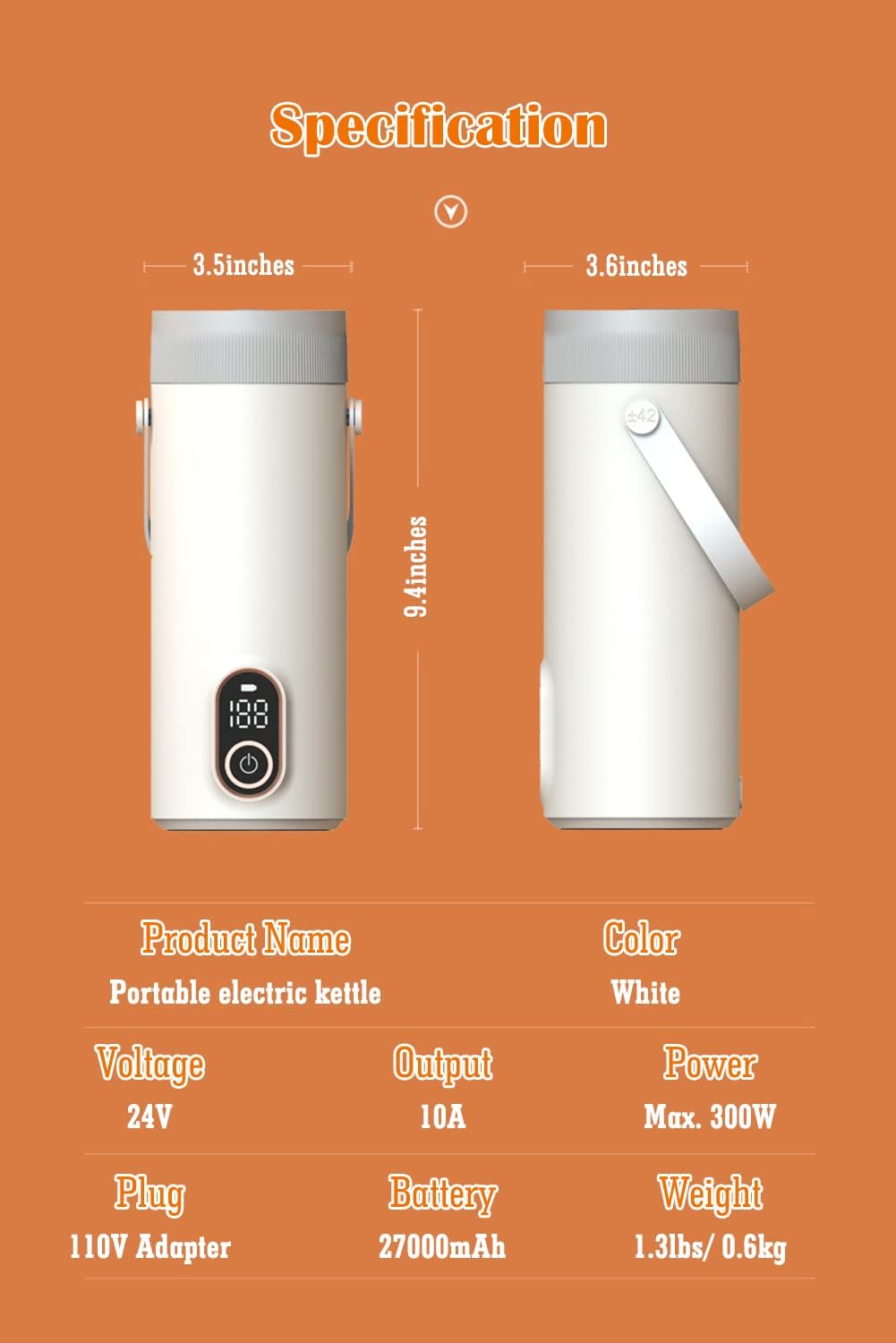Cordless Portable Electric Kettle, 10 Minutes Fast Boiling 400ML Hot Water Boiler 304 Stainless Steel Travel Kettle with 27000mAh Rechargeable Battery for Outdoor, Road Trip, Travel