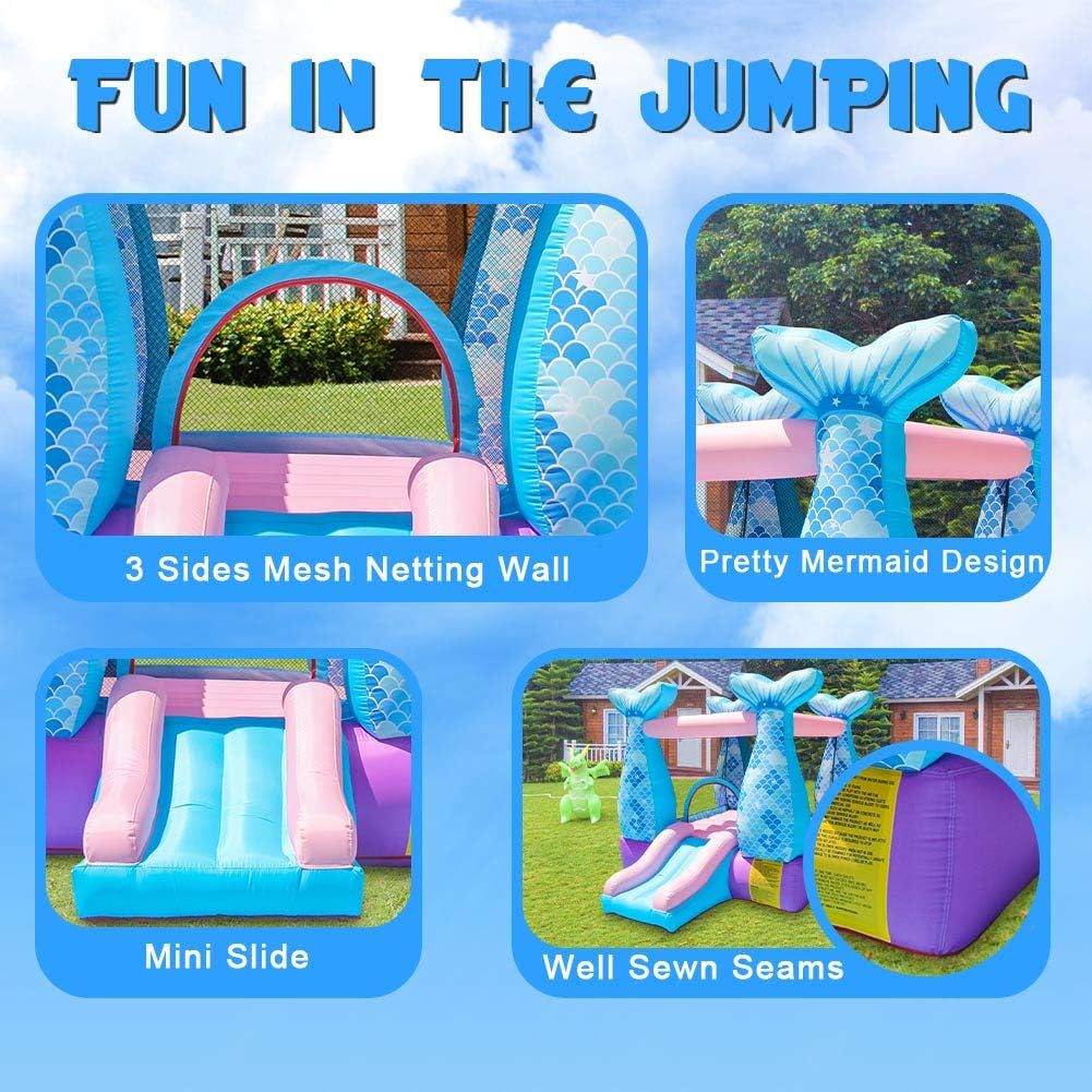 Bounce House Inflatable Mermaid Bouncy Castle House with Air Blower for Kids Party