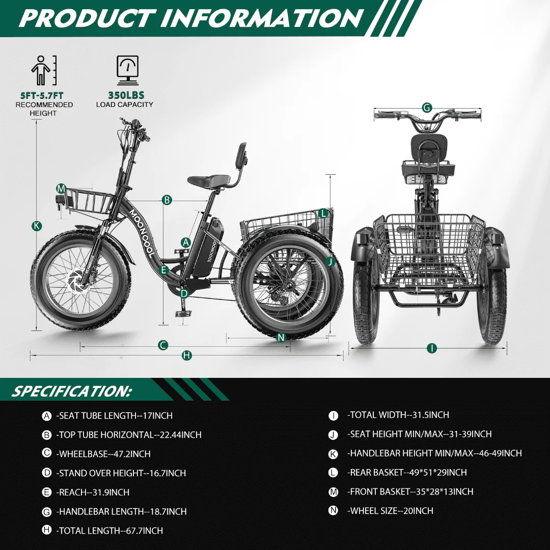 NAIZEA 20 Electric Trike Tricycle for Adults, 7 Speed Fat Tire Electric Trike, 3 Wheels Bike for Adults with Front and Rear Baskets, Lithium Battery UL Certified