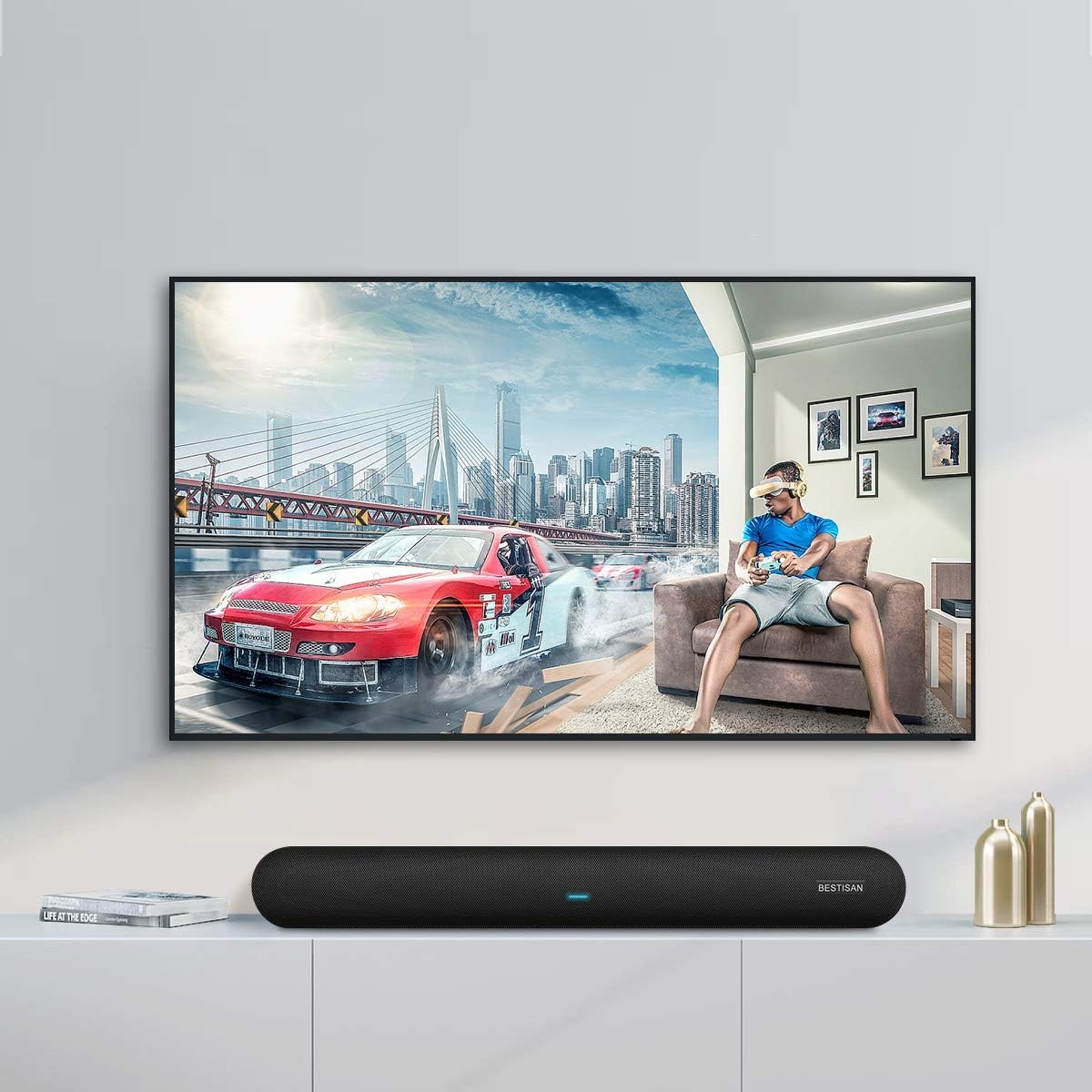 Soundbar, BESTISAN 80 Watts TV Sound Bar Home Theater Speaker with HDMI, Optical, RCA, AUX Port, Bluetooth 5.0, Movie/Music/Dialogue Audio Mode, Enhanced Bass Technology, Bass Adjustable, 2022 Version