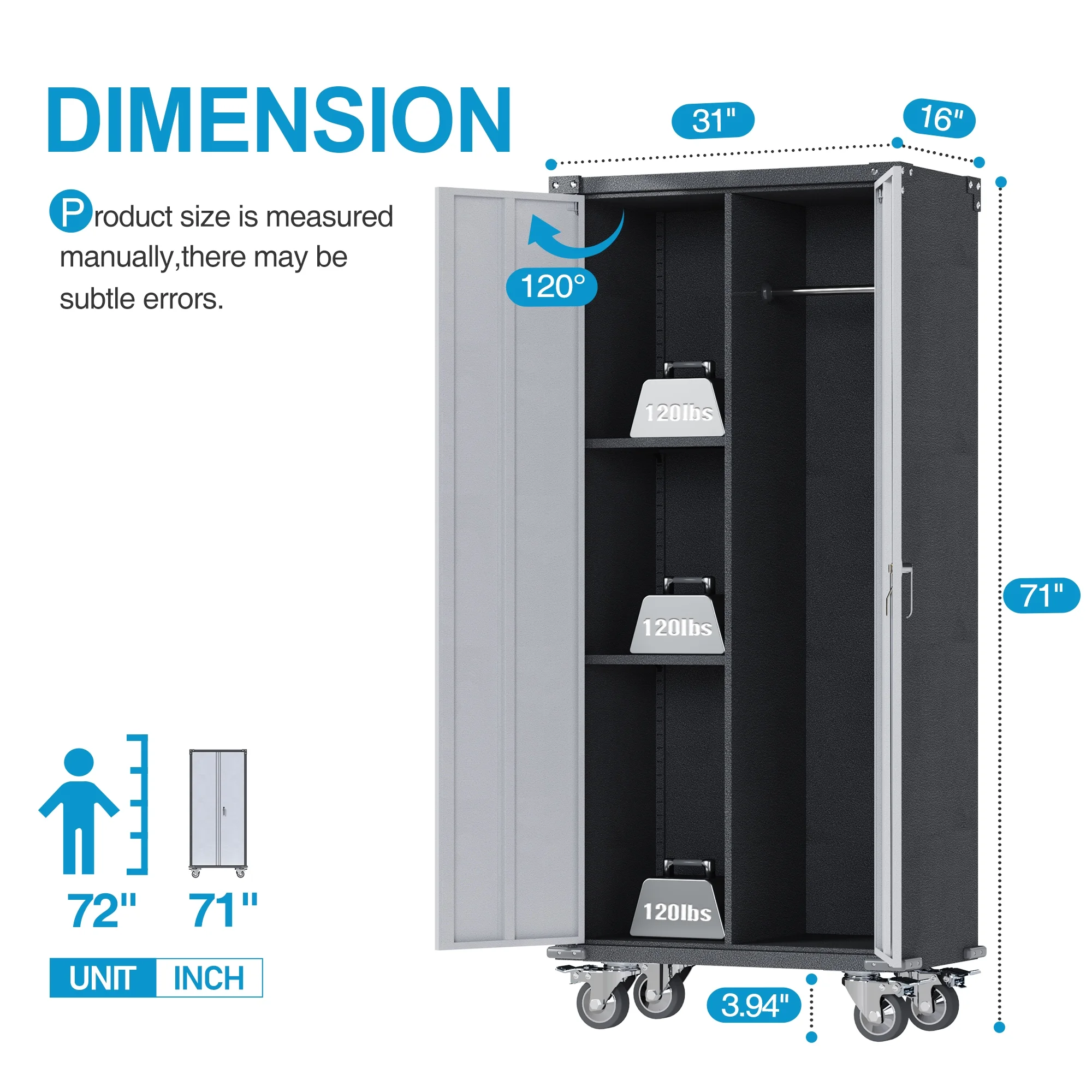 GangMei Metal Rolling Storage Cabinet with Hanging Rod, Large Steel Utility Tool Storage Cabinets with 2 Shelves & Locking Doors, Garage Cabinets for Tool Storage, Assemble Required