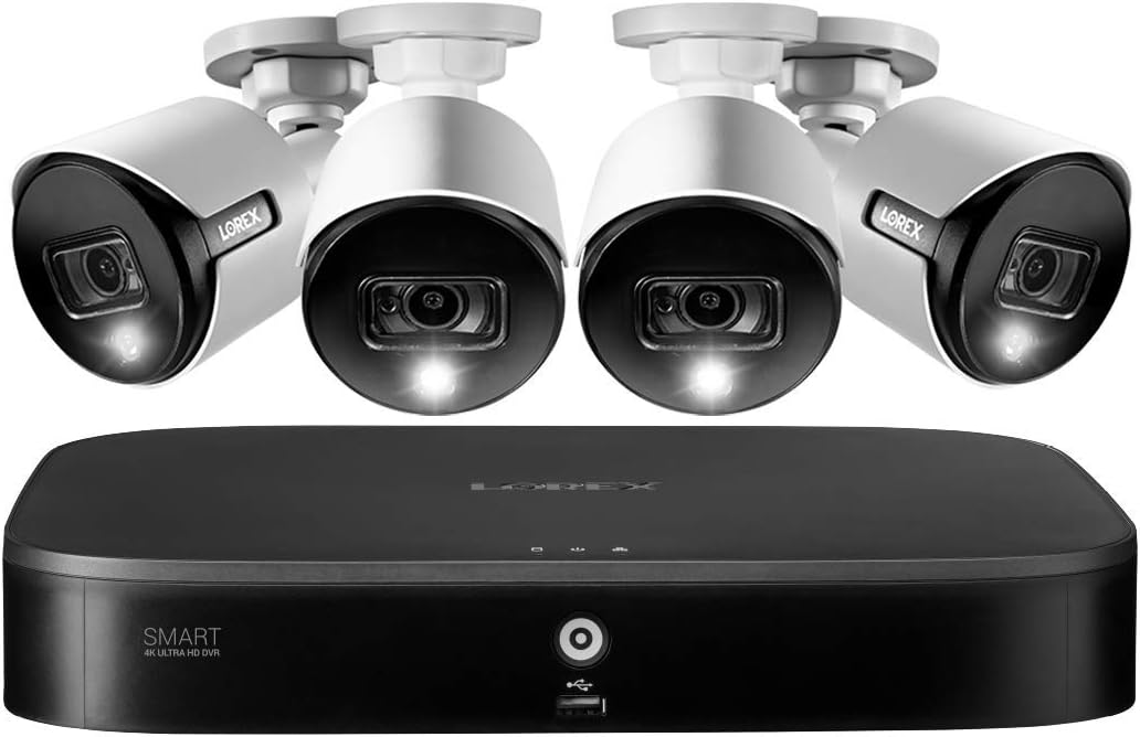 Lorex 4K Ultra HD Indoor / Outdoor Security System with 8-Channel 2TB DVR and Four 4K (8MP) Active Deterrence Cameras Featuring Smart Motion Detection and Smart Home Voice Control
