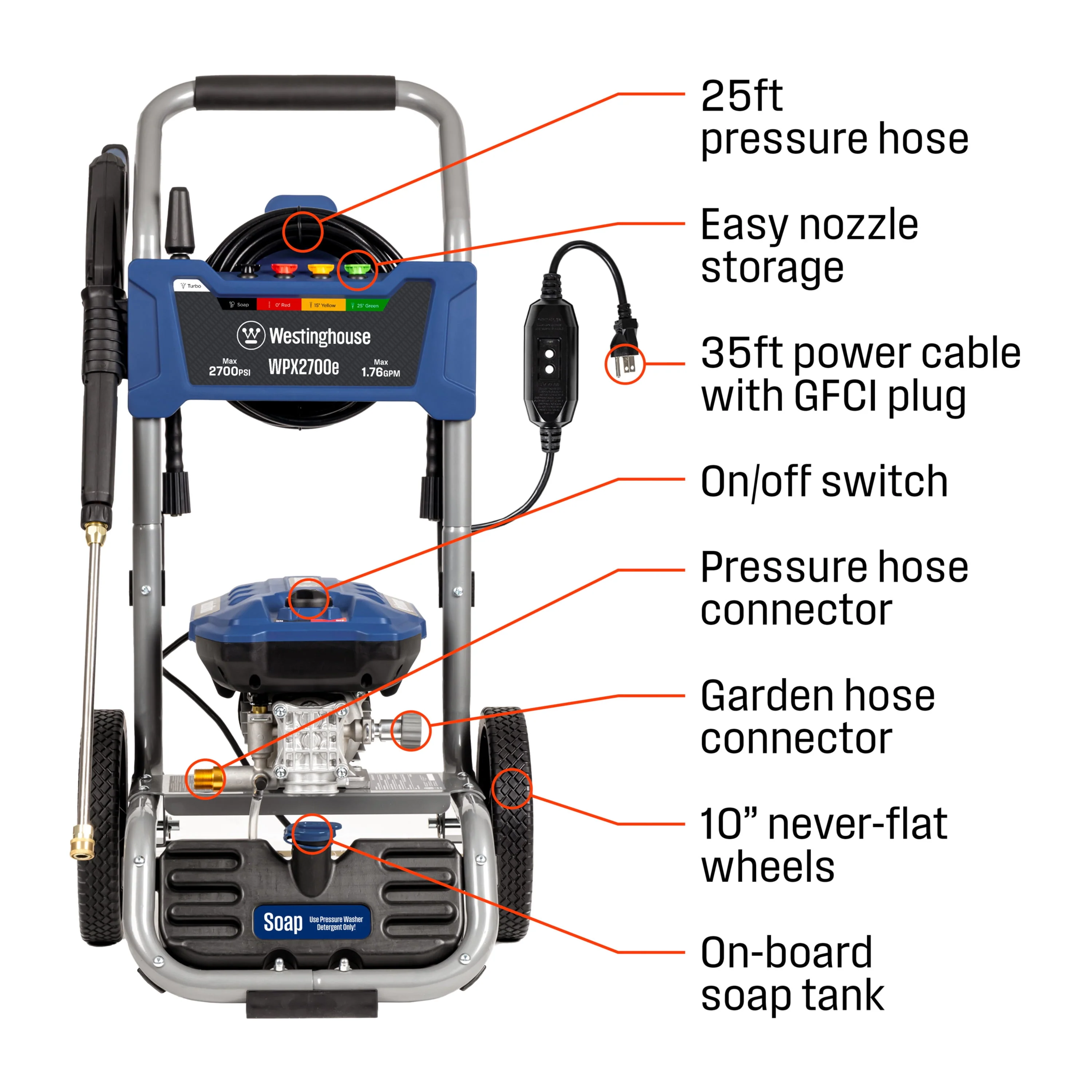 Westinghouse 2300 Max PSI Electric Pressure Washer, 1.76-GPM, Soap Tank, 5 Nozzles