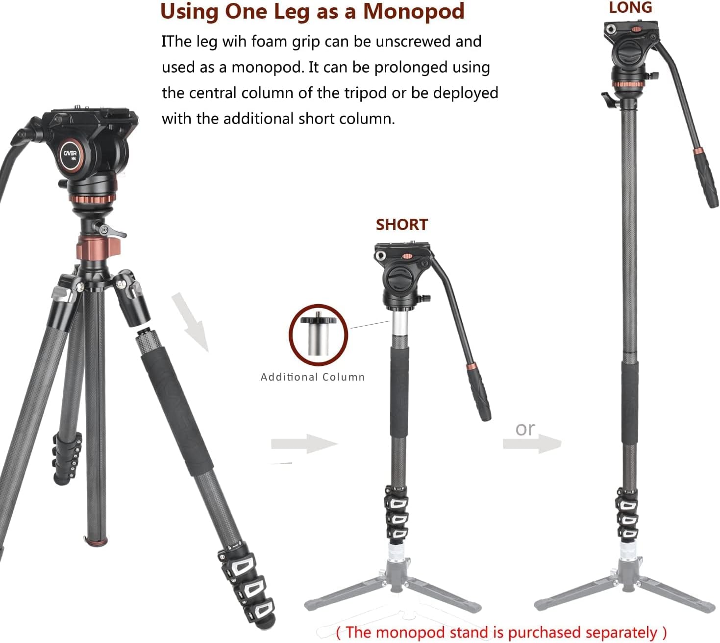 Cayer CF2451 Video Tripod 67 inches Carbon Fiber Tripod Leg with Fluid Drag Head, 4-Section Compact DSLR Tripod Convertible to Monopod for DSLR Camera, Video Camcorder