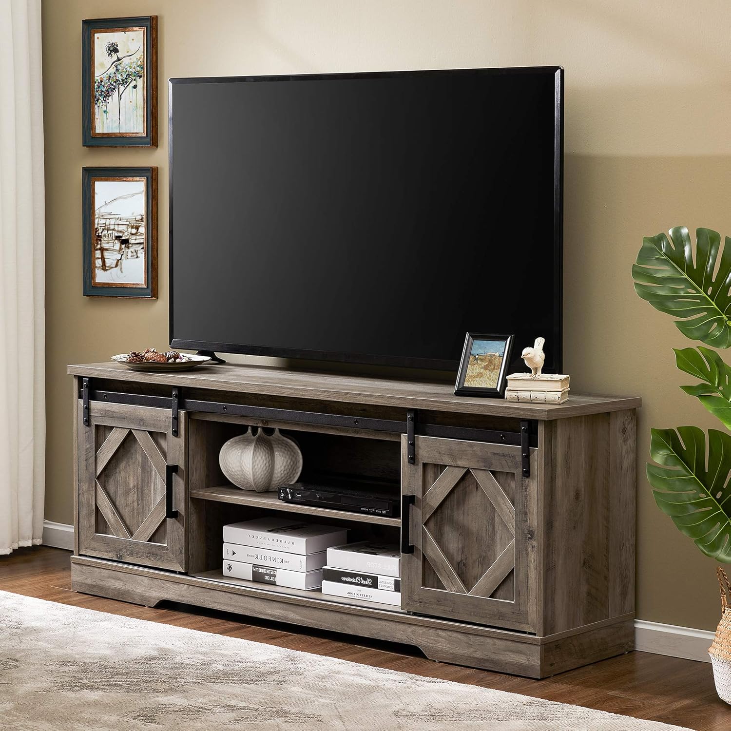 WAMPAT Farmhouse Sliding Barn Door TV Stand for TVs Up to 65 inch, Modern Storage Entertainment Center, Wood Media Console Table Cabinet 3-Level Adjustable Shelf for Living Room, Wash Grey