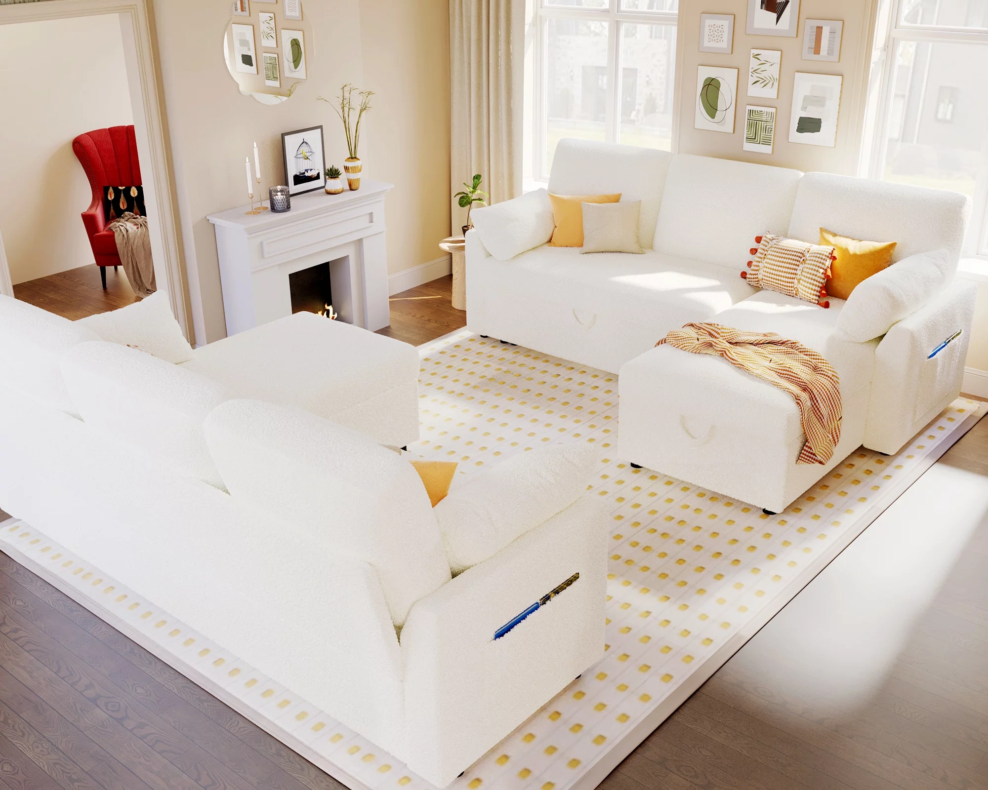 PaPaJet Sofa Bed, 2 in 1 Pull Out Couch with Storage Chaise for Living Room Office, White Sherpa