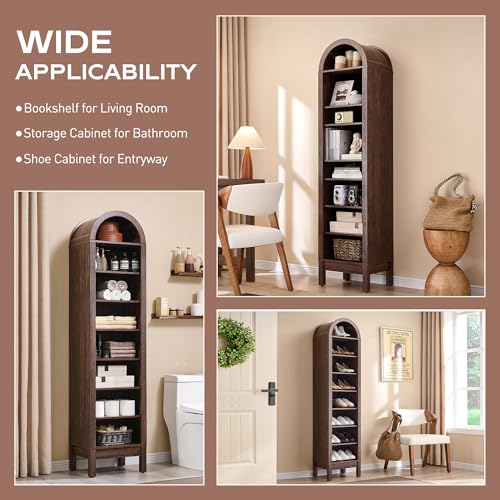 71" Tall Arched Bookshelf, 7 Tiers Arch Bookcase with Storage, Modern Farmhouse Book Shelf with Adjustable Shelves, Wood Bookshelf w/Open Display Shelves for Living Room, Office (Natural)