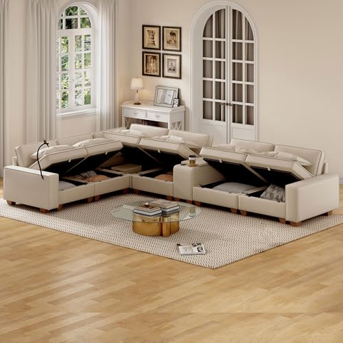 Modular Sectional Sofa, Convertible U Shaped Sofa Couch with Central Console & USB Ports, 7 Seat Modular Sectionals Couch with Chaise and Storage for Living Room, Light Grey