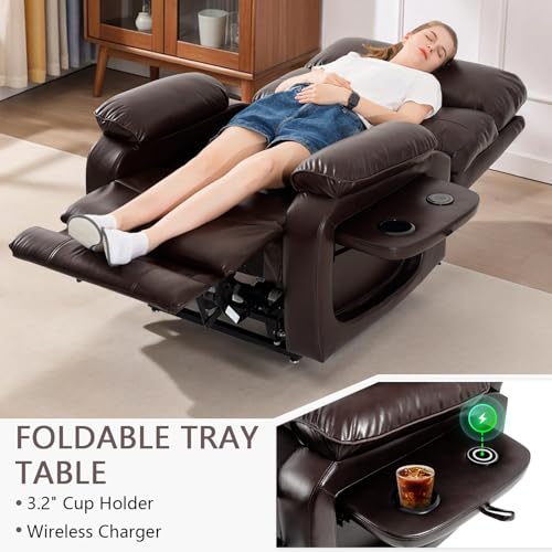 Dual Motor Power Lift Recliner Chair for Adult & Elderly, Infinite Position Lay Flat Lift Chair with Heat & Massage, Cup Holder, Lumbar Pillow, Wireless Charger, USB Ports, Leather (Beige)